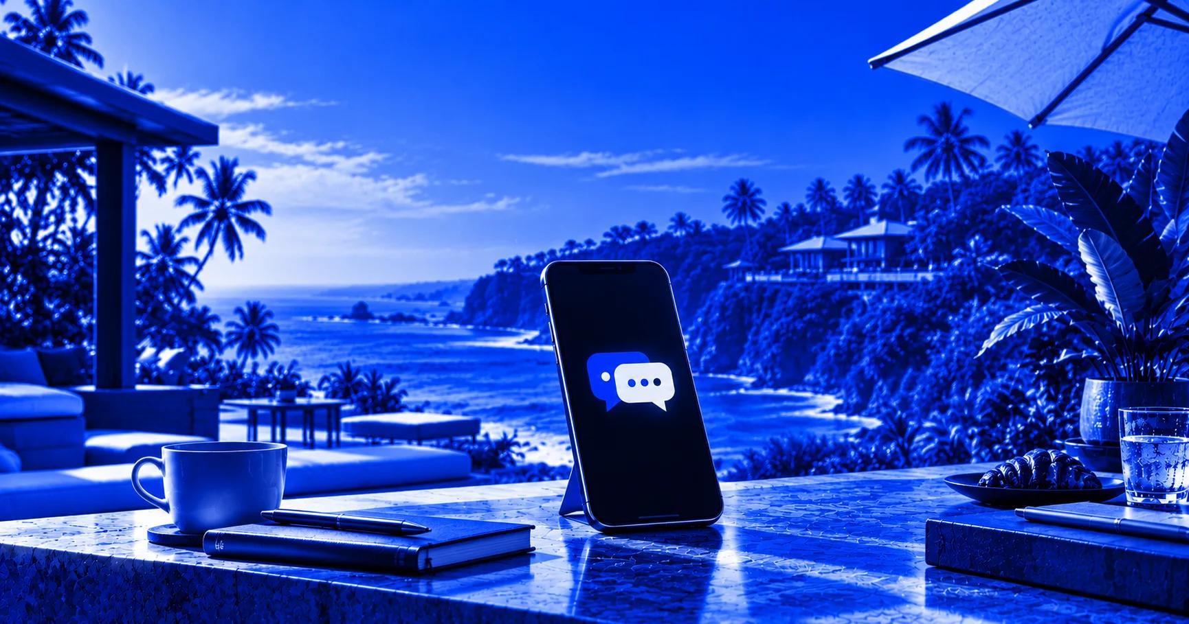 Smartphone displaying a chatbot interface on a luxury Bali beachfront terrace, illustrating the use of AI chatbots for guest communication in the hospitality industry.