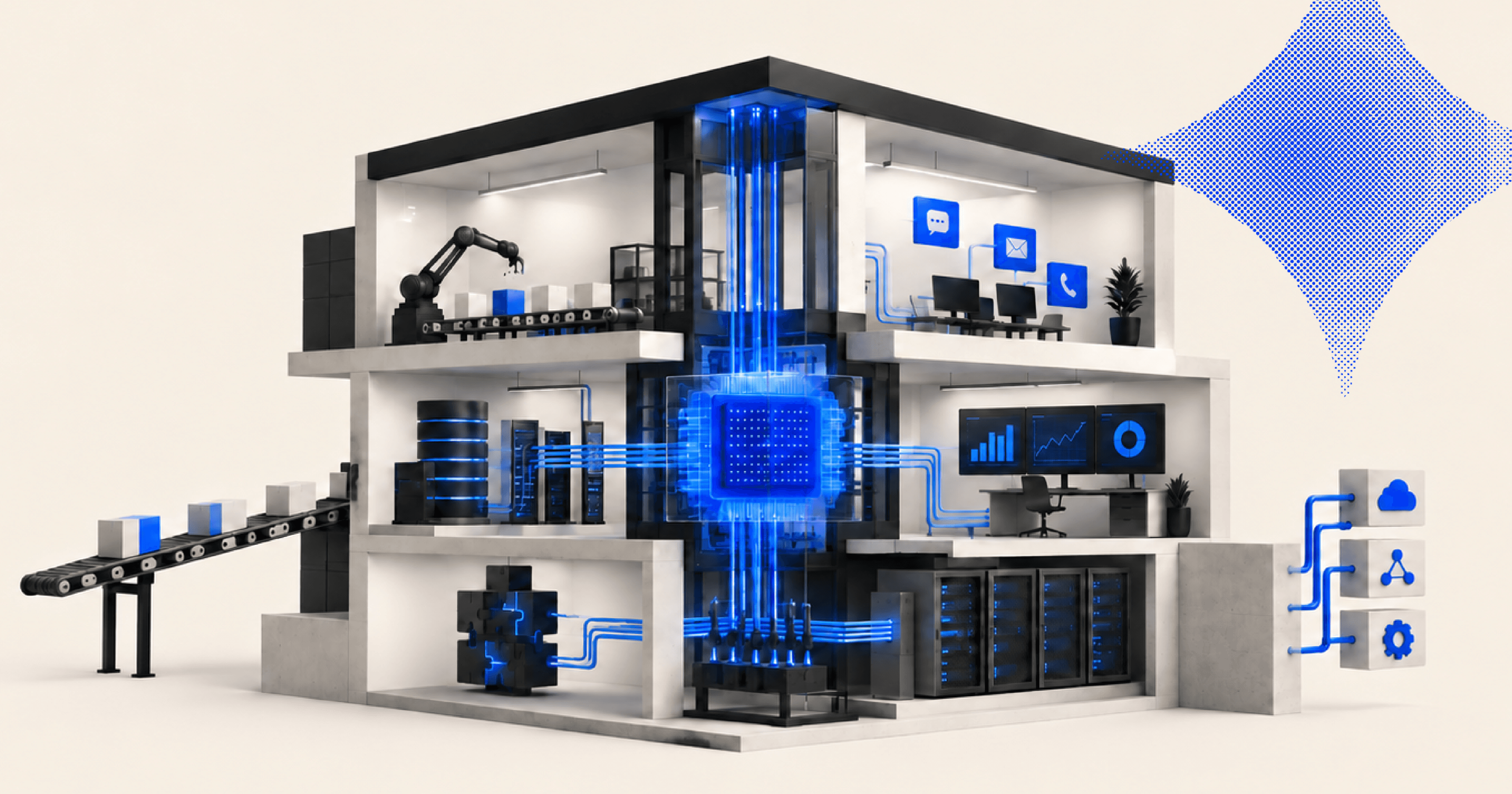 AI technology connecting software, automation, data, and business operations