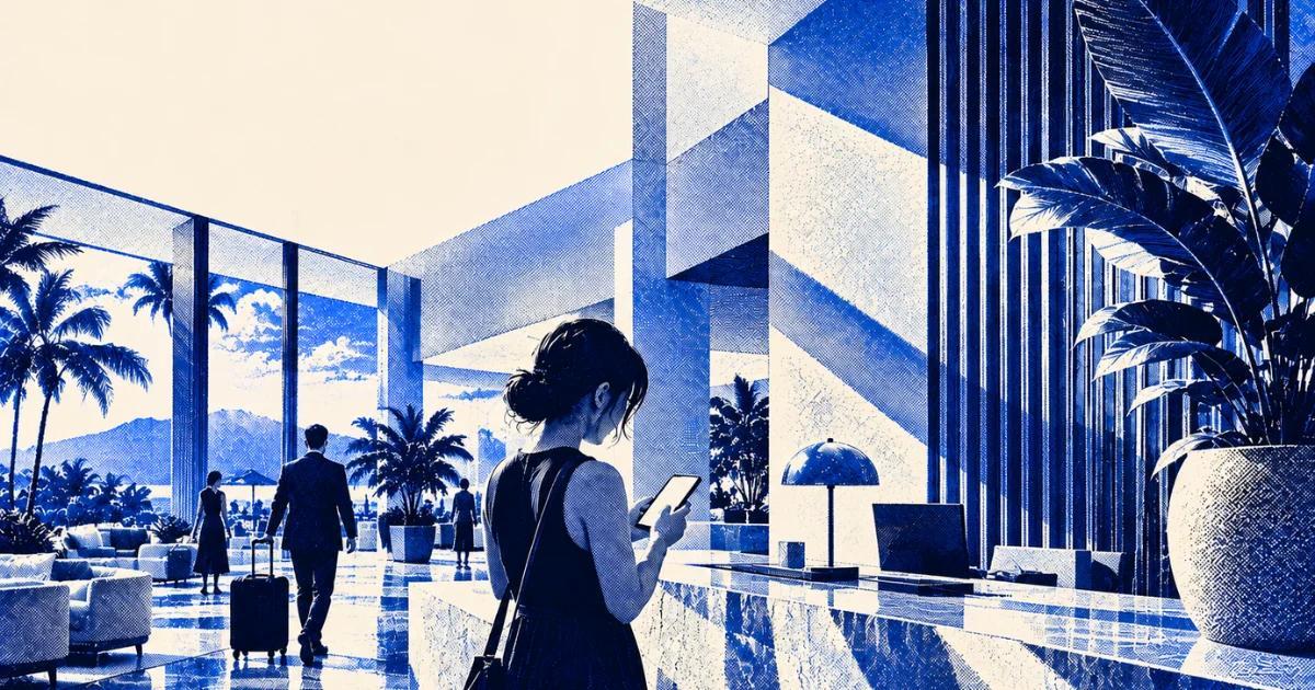 Guests using smartphones and walking through a modern hotel lobby