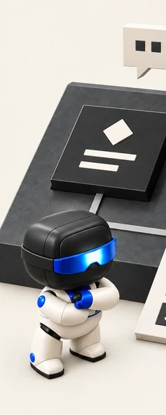 Ilustrasi 3D: robot kecil mengamati panel kontrol berisi tiga kartu pilihan, kartu tengah disorot biru, yang mengalir ke daftar periksa tiga langkah bernomor.