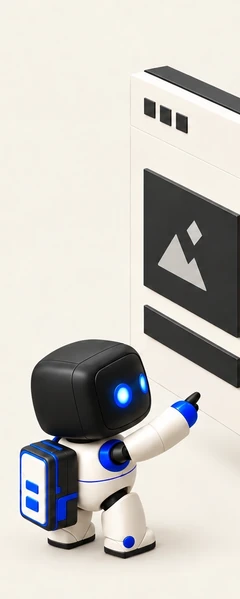Ilustrasi 3D: robot kecil menunjuk panel antarmuka desktop dan seluler berlapis yang dirakit dari bagian modular, satu panel menyala biru.