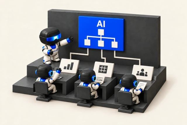 Ilustrasi 3D: robot instruktur menunjuk papan biru bertuliskan AI yang bercabang ke tiga meja, tempat tiga robot kecil mengerjakan grafik, tabel, dan kartu tim.