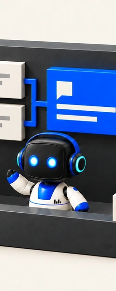 Ilustrasi 3D: robot kecil di meja, di depan papan yang menghubungkan satu kartu pesan biru ke daftar tugas, kalender, dan catatan kontak.