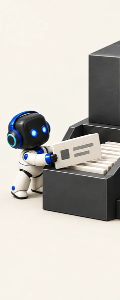 Ilustrasi 3D: robot kecil memasukkan dokumen lepas ke lemari berisi baki tersortir yang tersusun di sekitar sekat vertikal biru.